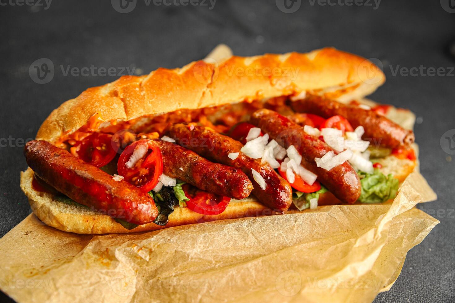 hot dog sausages, bun, greens, sauce fast food delicious food dish Fresh delicious gourmet food background on the table rustic food top view copy space photo