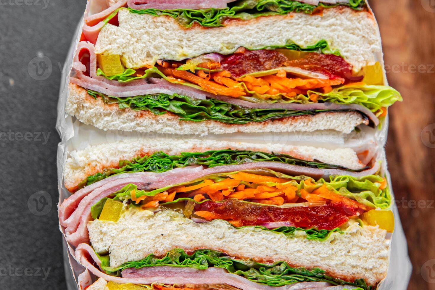 sandwich layers vegetables and ham meat spam fresh meal food snack on the table copy space food background rustic top view photo