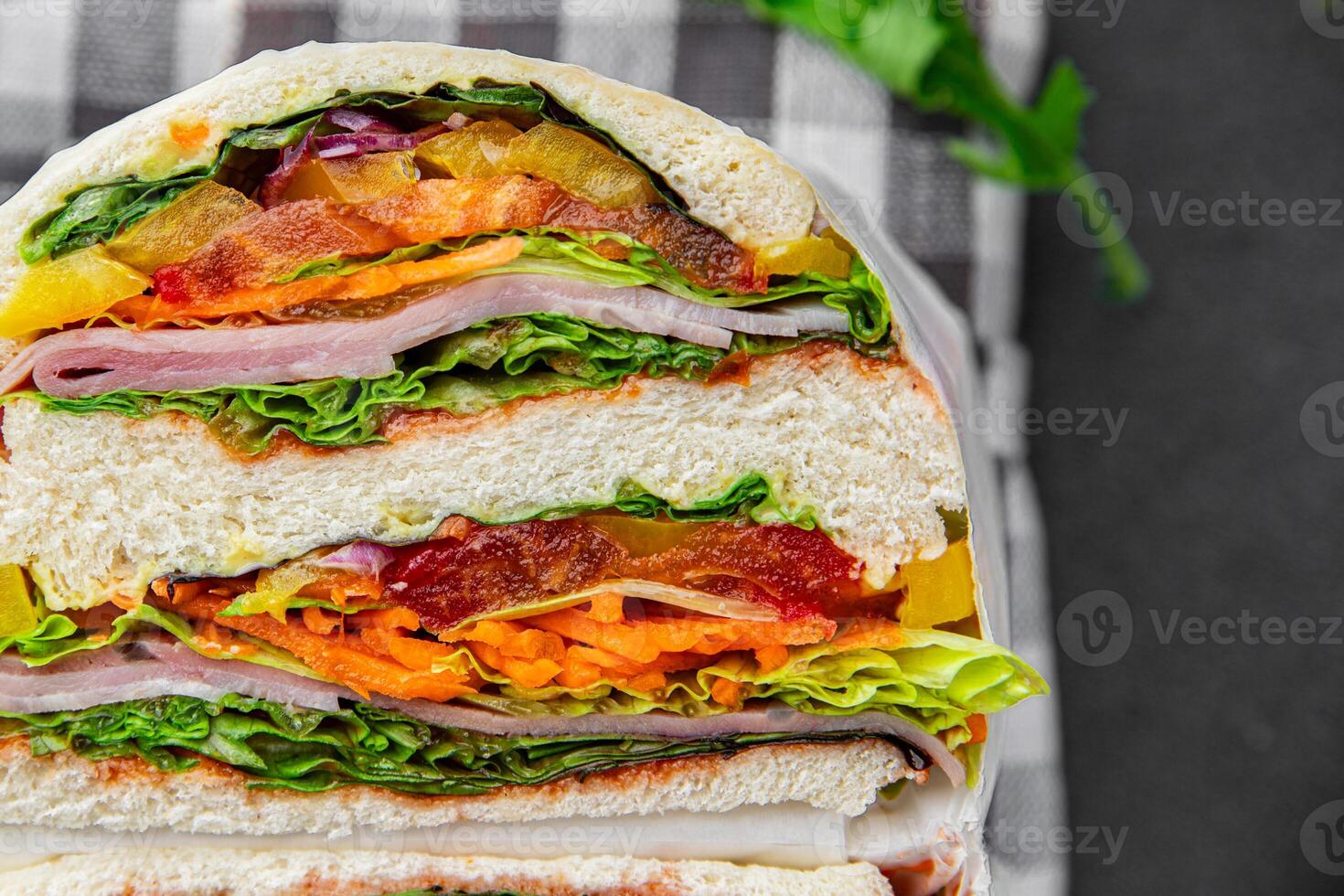 sandwich layers vegetables and ham meat spam fresh meal food snack on the table copy space food background rustic top view photo