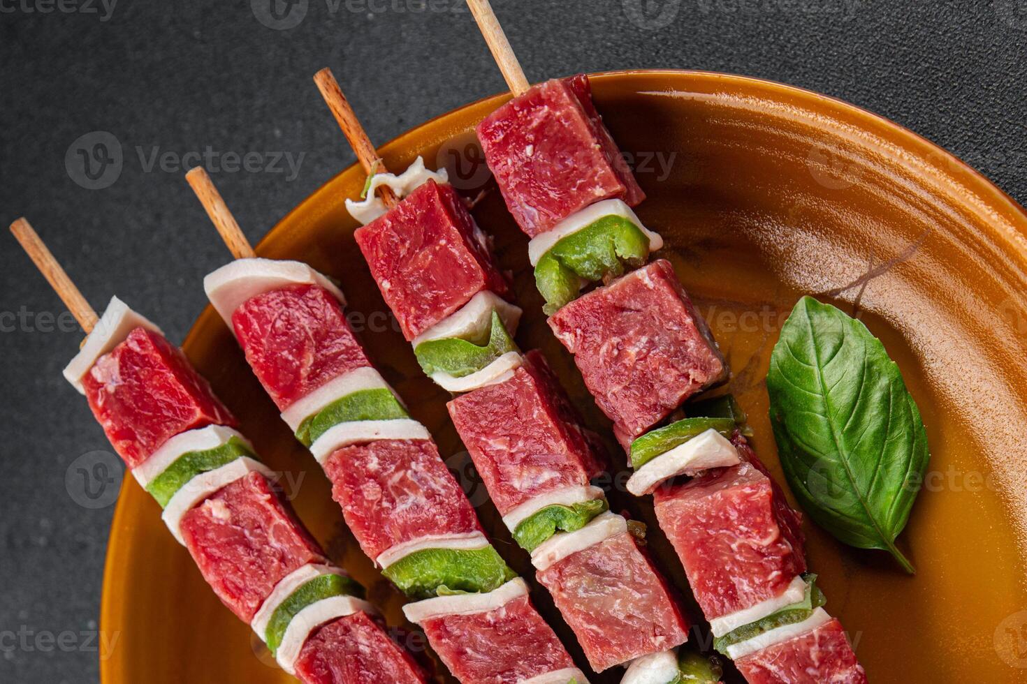 kebab raw meat vegetable pork, lard, pepper, vegetable dish fresh delicious gourmet food background on the table rustic food top view copy space photo