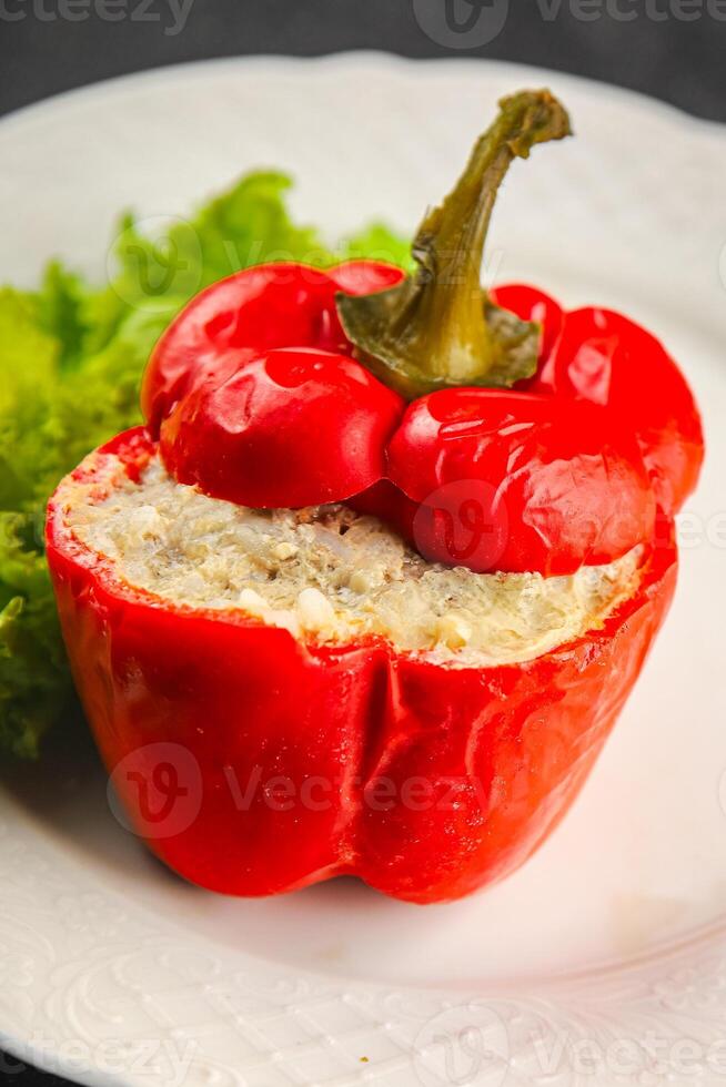 pepper stuffed meat and rice tasty food dish second course Fresh delicious gourmet food background on the table rustic food top view copy space top view photo