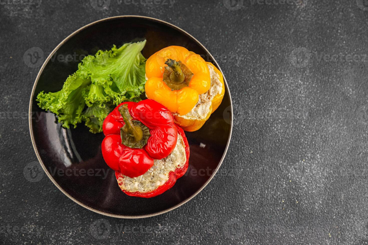 pepper stuffed meat and rice tasty food dish second course Fresh delicious gourmet food background on the table rustic food top view copy space top view photo