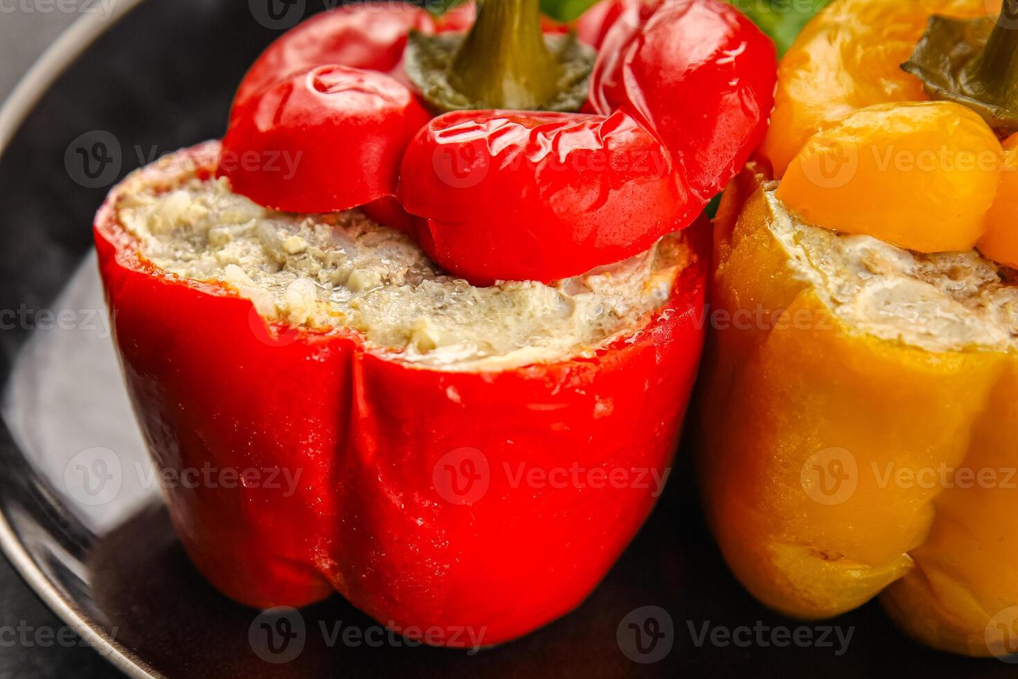 pepper stuffed meat and rice tasty food dish second course Fresh delicious gourmet food background on the table rustic food top view copy space top view photo