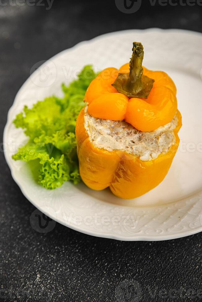 pepper stuffed meat and rice tasty food dish second course Fresh delicious gourmet food background on the table rustic food top view copy space top view photo