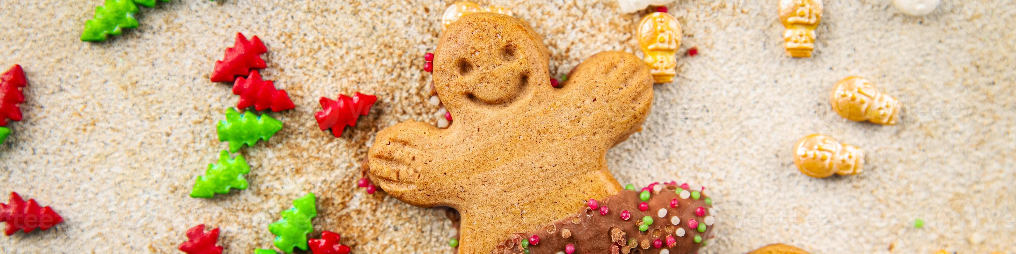 Gingerbread man ginger cookies christmas party delicious dessert christmas treat fresh delicious gourmet food background on the table rustic copy space top view photo