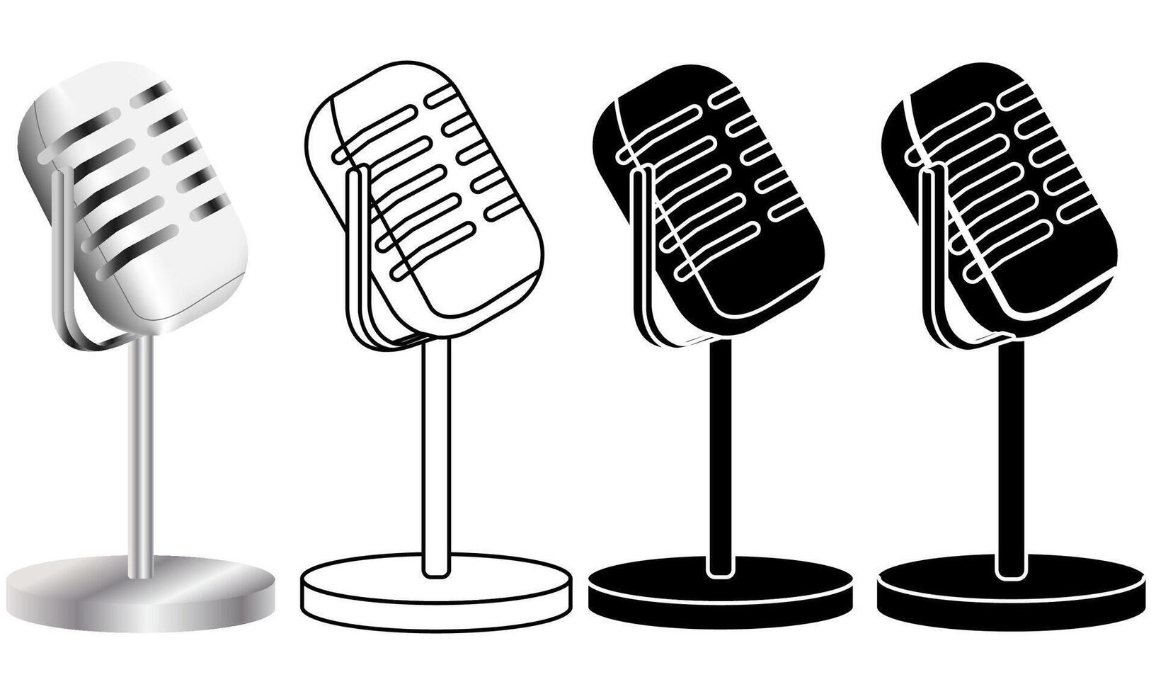 Set of old still microphones in a realistic gradient effect, Black and White, White and Black and Black and transparent stroke versions vector
