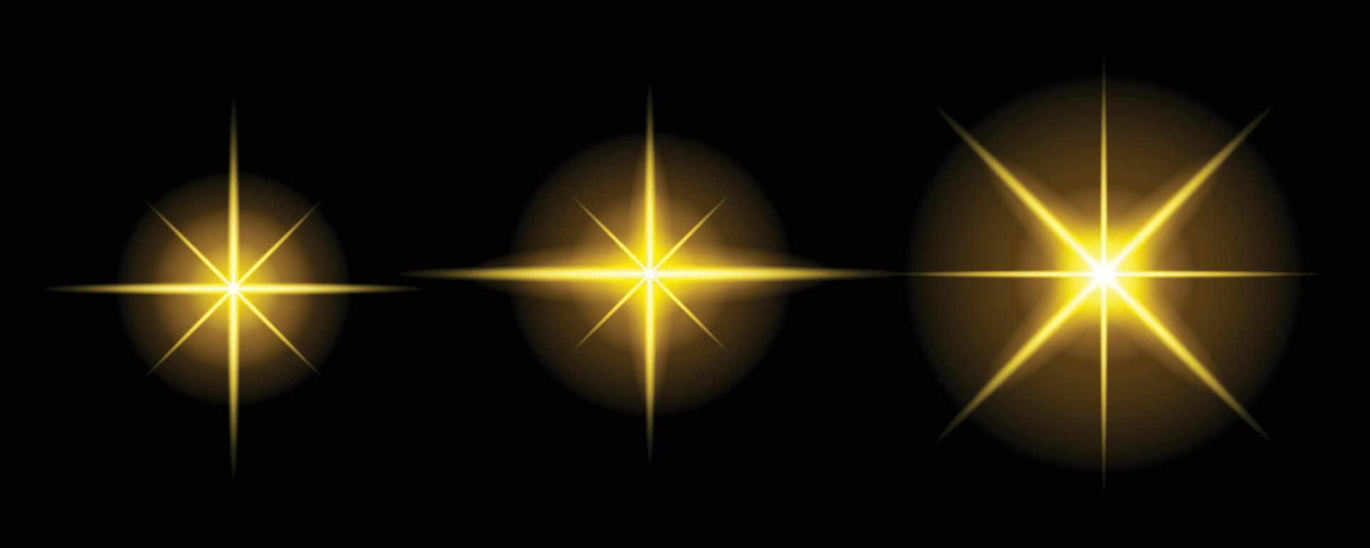 Three gold starshaped light effects on black background vector