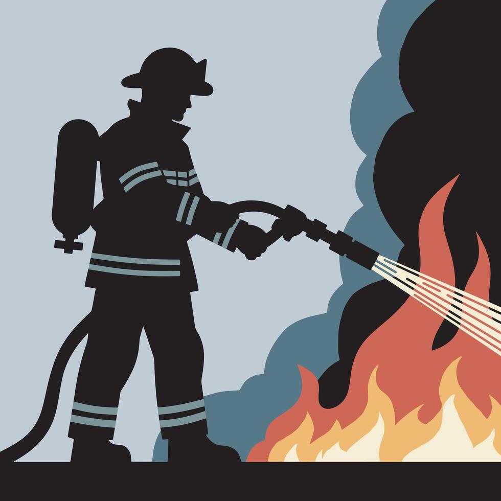 Firefighter silhouette with big fire design vector