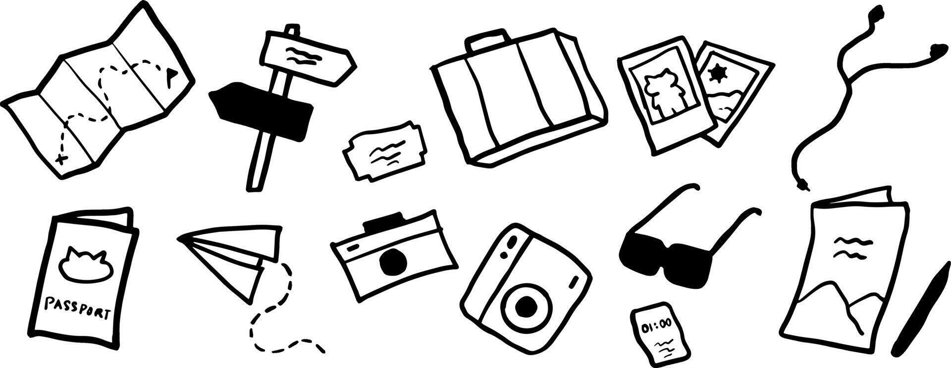 Travel, Vacation, and Camp Doodle Set - Minimalist Black and White Illustration vector