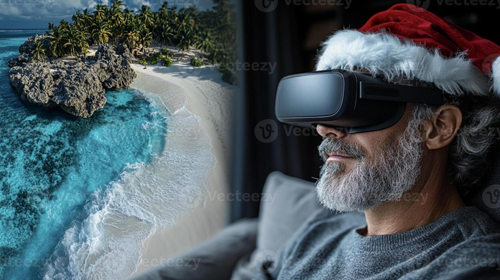 man santa-claus hat wearing a VR headset, relaxing on a chair. Bright, sunny day with turquoise sea in the background photo