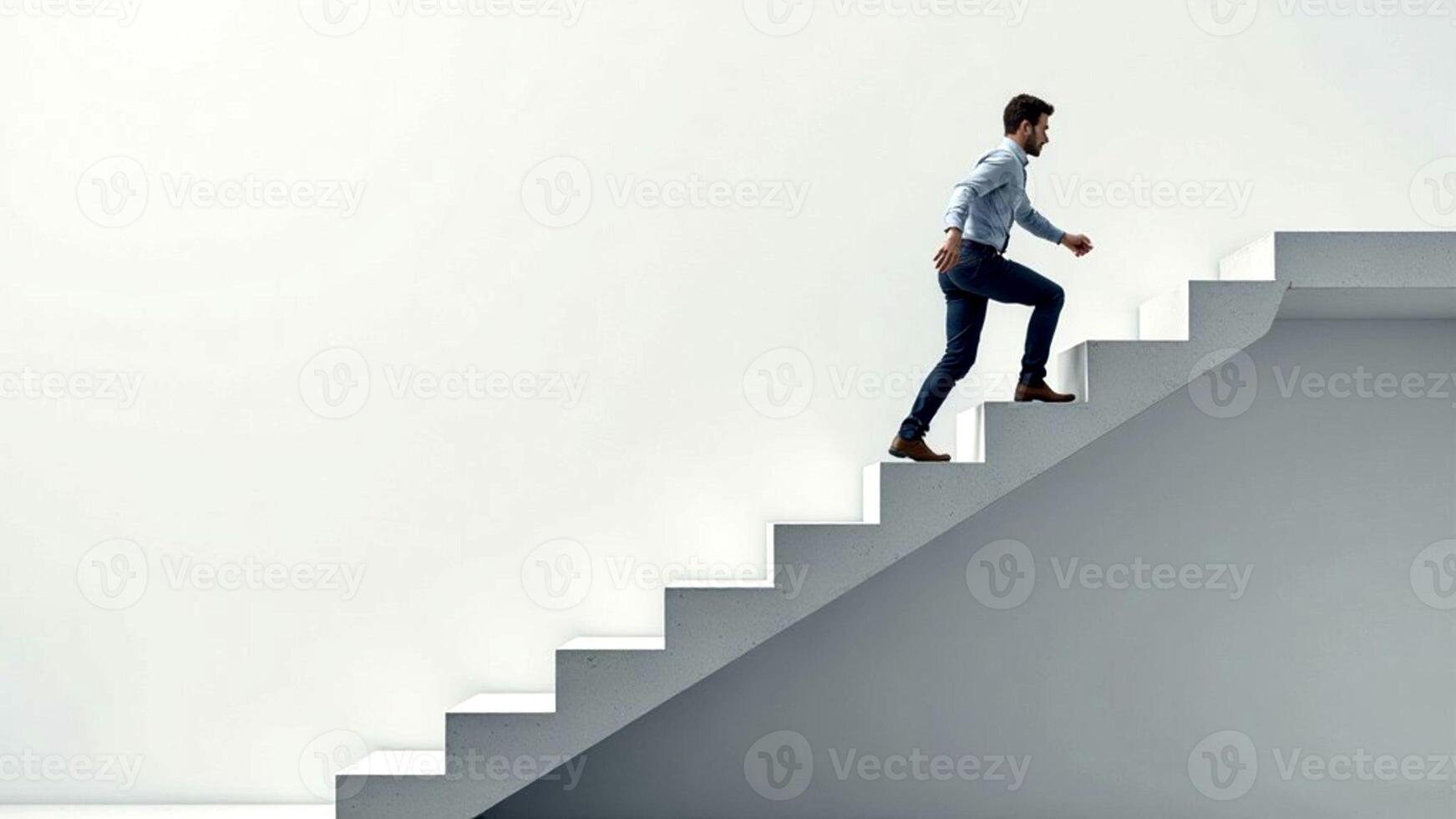 side view of a man in a blue shirt and black trousers running up the stairs against the background of a white wall with a copy space photo