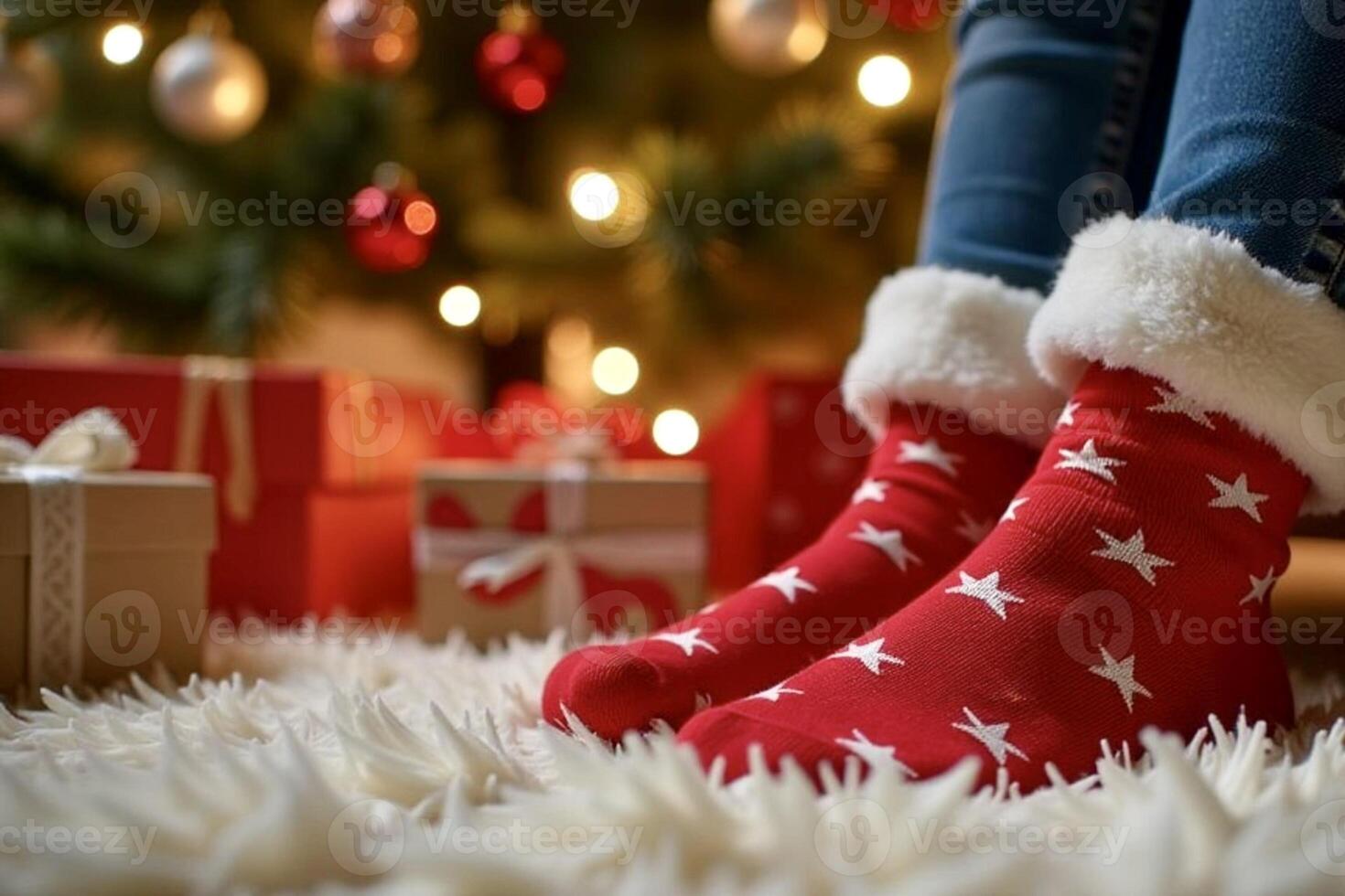 Close-up of red festive socks with white stars, near wrapped presents under a Christmas tree, warm holiday ambiance, Christmas concept photo