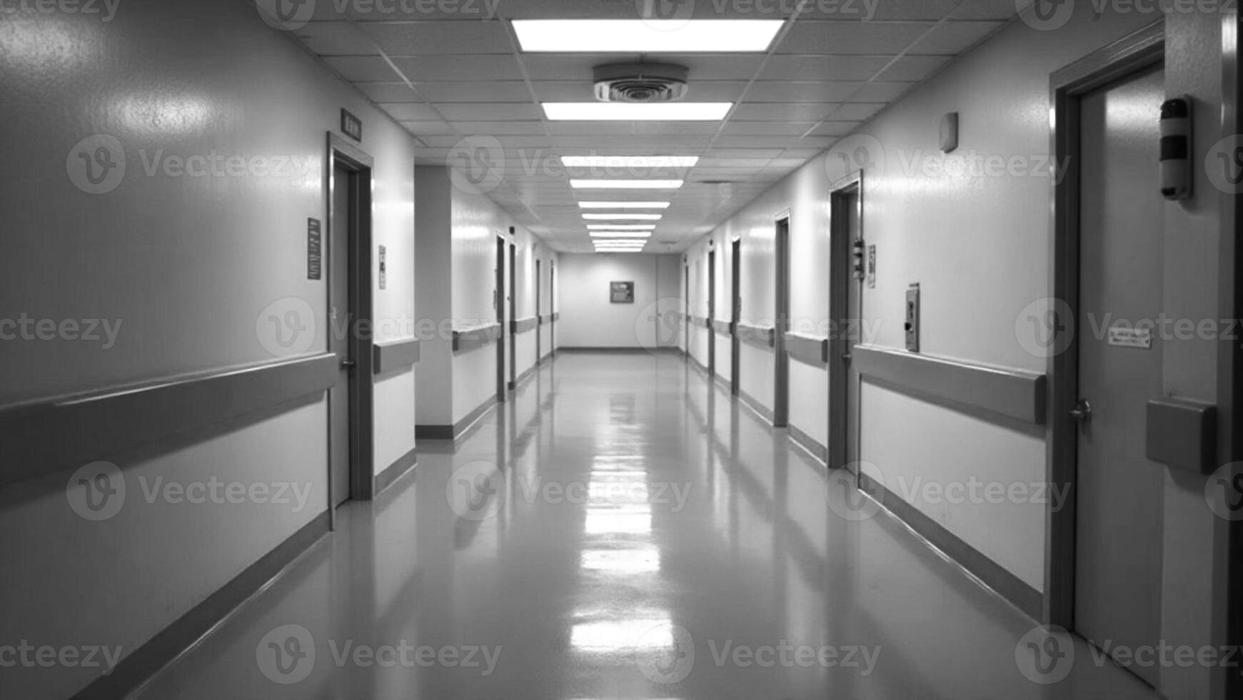 Long empty hospital corridor with closed doors, teal walls and floor, bright lighting, clinical environment, on a plain background, concept of healthcare and sterility photo
