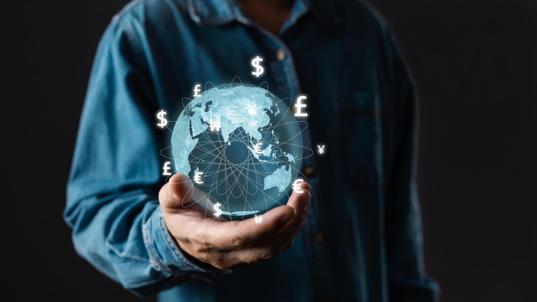 A person hold global currency to plan in e-business, the use of online digital network technology in business, buying and selling commerce online digital marketplace photo