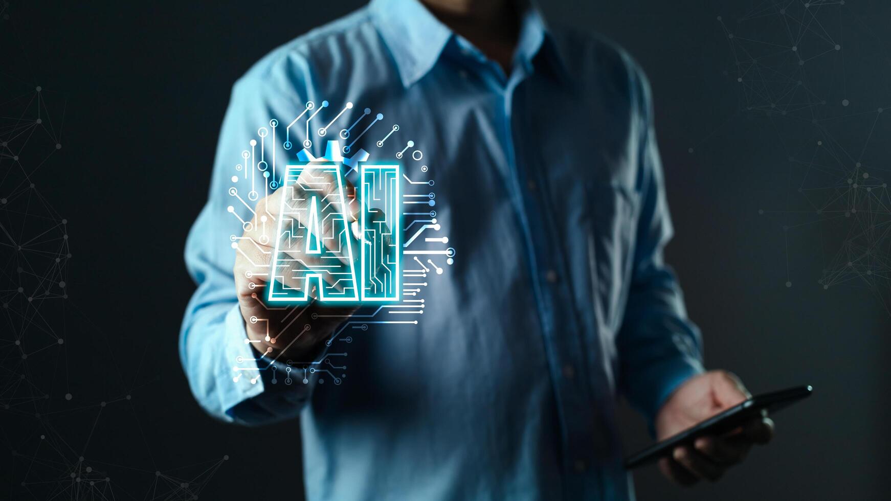 man holding command prompt ai chat bot. Big data storage.Digital Artificial Intelligence technology disruption concept. use AI to generate management service technology support in the business. photo