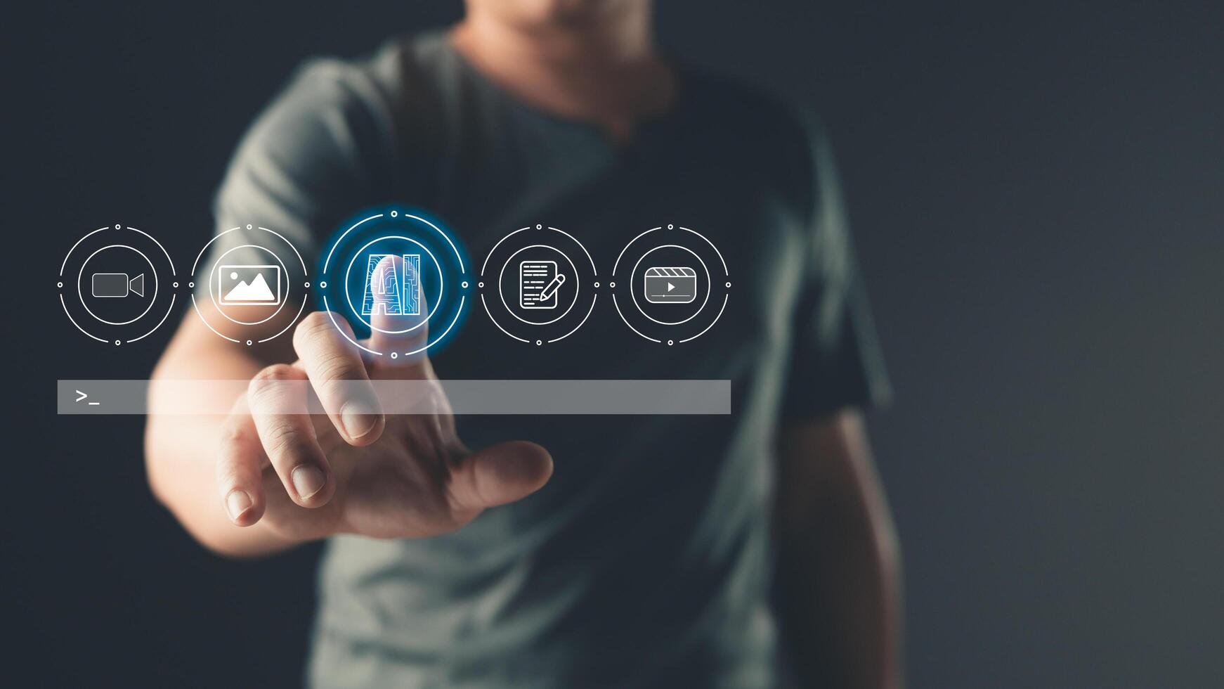 artificial intelligence generates technology concept. a person touch AI tech big data business process strategy, and smart customer service management. Digital transformation change management. photo