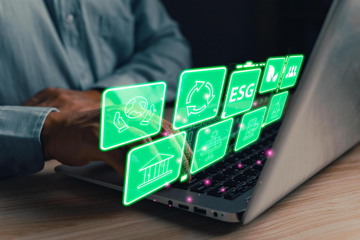 Climate change,hand hold hologram to save energy,and reduce global warming,ecology friendly investment,ESG environment social governance,Green Business Innovation and Sustainable Development concept. photo