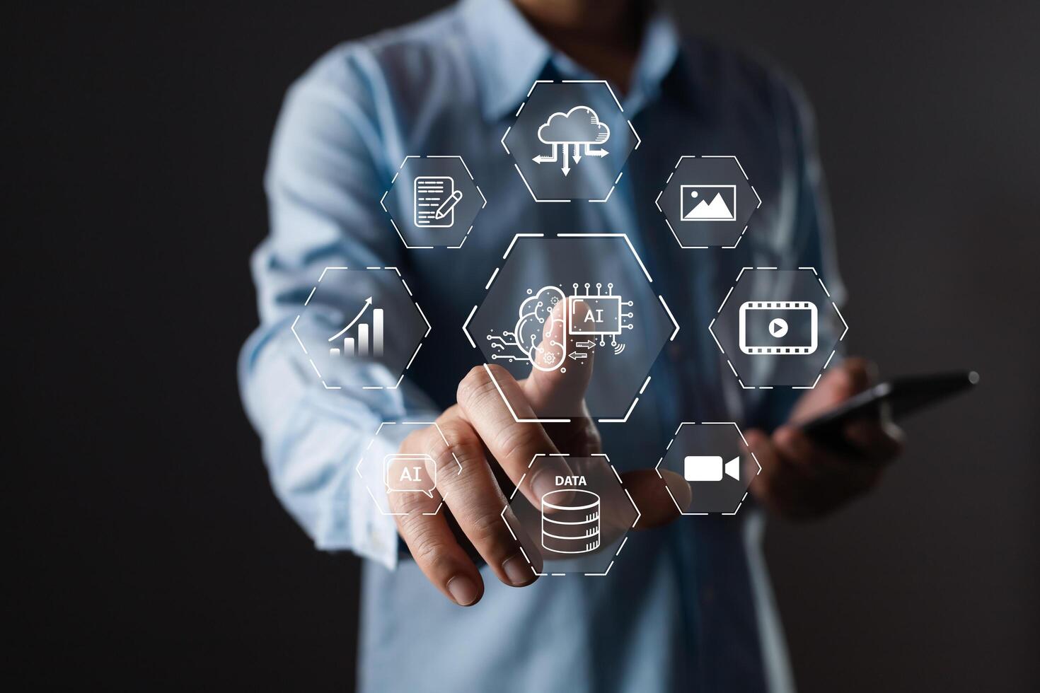 Man touch icon ai and use smartphone, Marketers education, research, analyze media streaming content creation and online marketing strategies to grow their digital business. photo