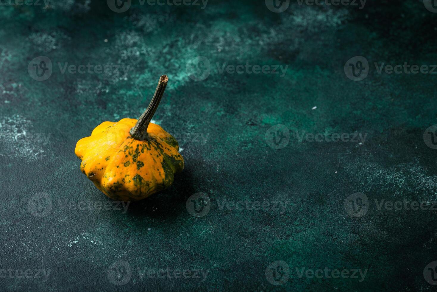 Various decorative pumpkin on green background photo