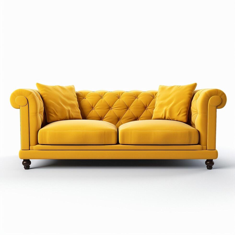 Modern yellow sofa furniture isolated on white background. yellow sofa for living room, home decor, mid-century, contemporary photo