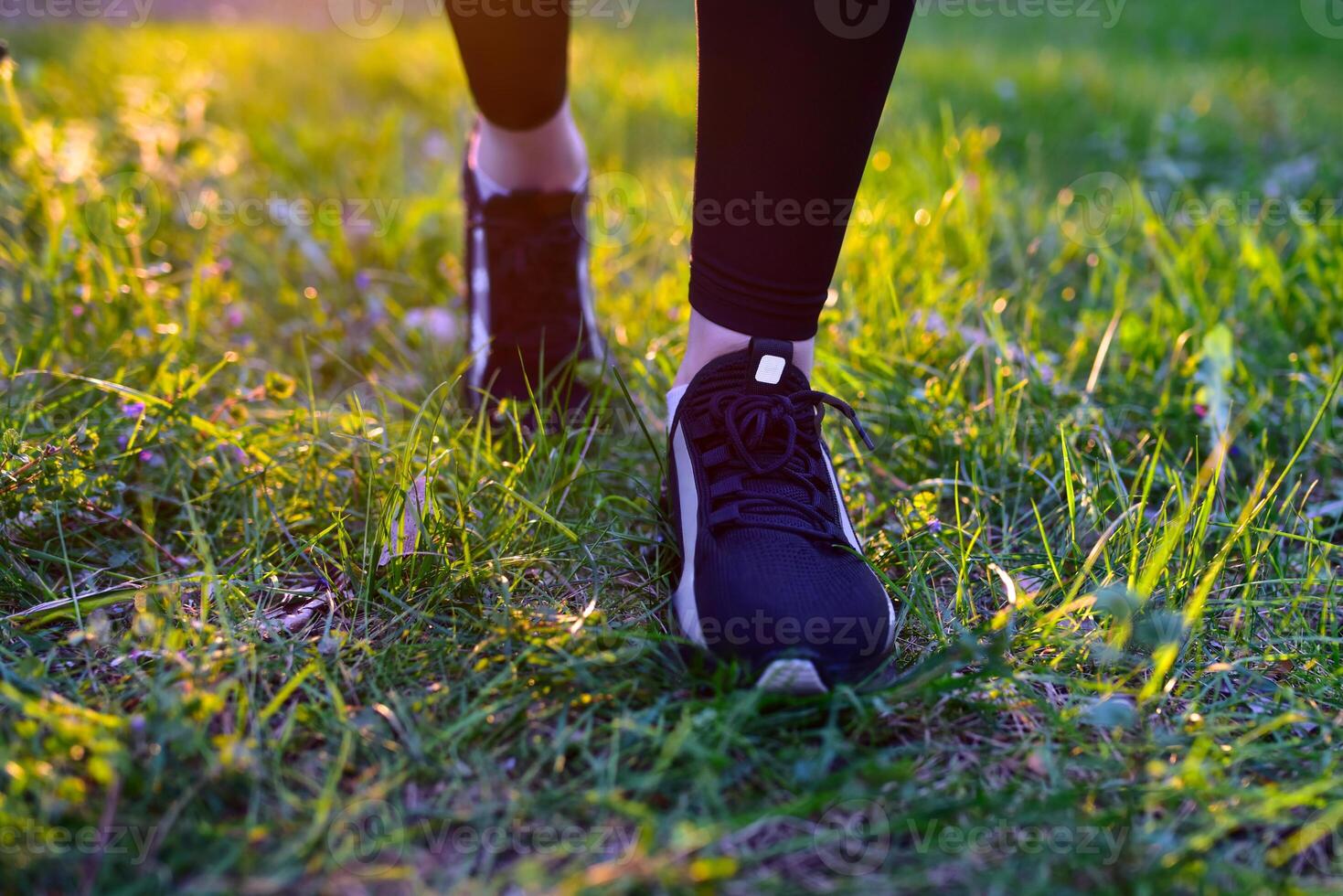 Woman's legs in black leggings and black sneakers on nature background walking on grass, front view. photo