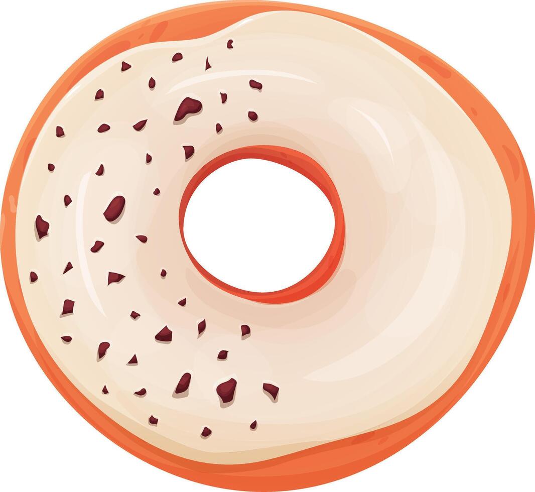 Donut with white glaze and chocolate chips. Donut white. Donut isolated on a white background. Cartoon style. Chocolate chips on donut. vector