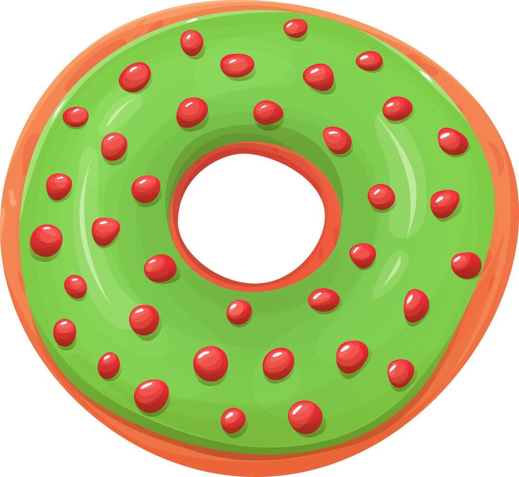 Colorful donut with green icing and red drops. Donut green. Donut isolated on a white background. Cartoon style vector