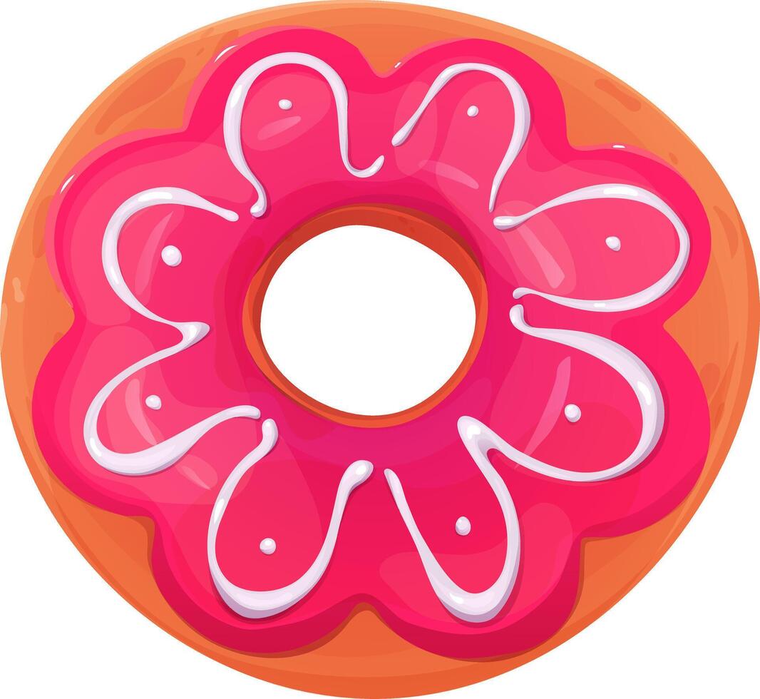 Donut with pink flower glaze and white topping. Donut pink. Donut isolated on a white background. Cartoon style. vector