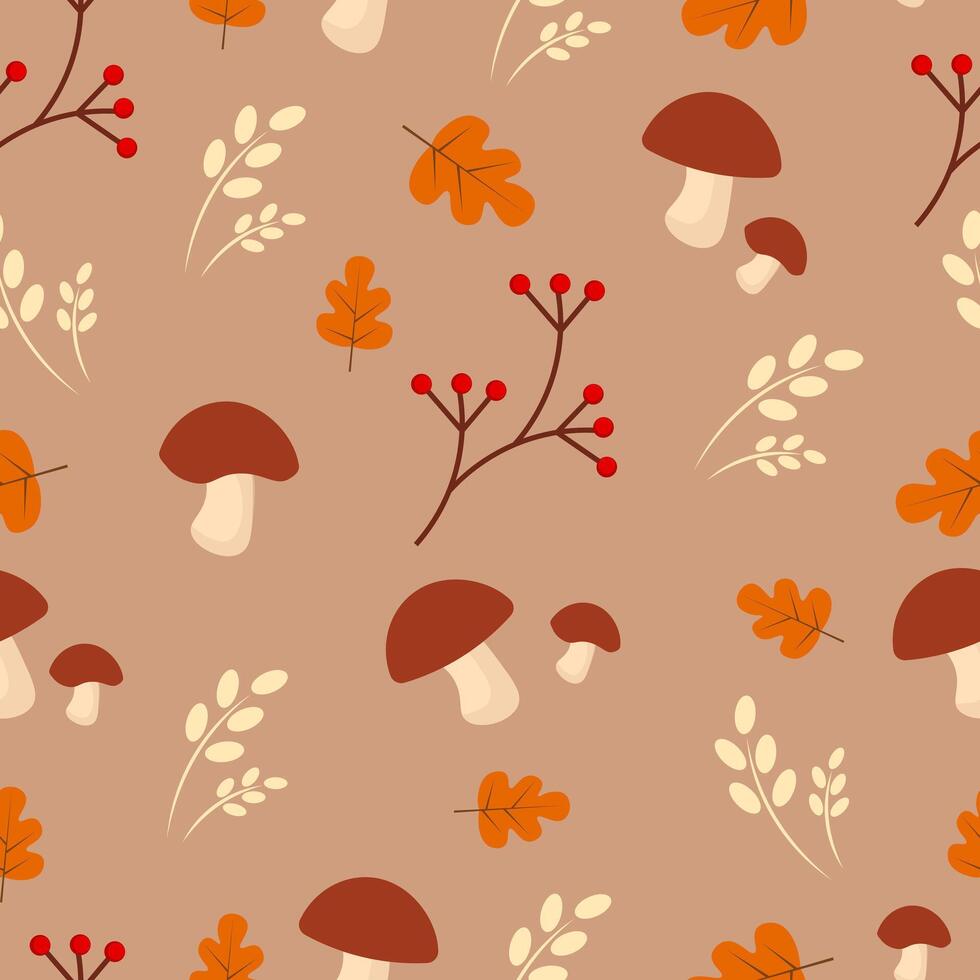 Seamless autumn pattern with mushrooms and leaves on a beige background vector