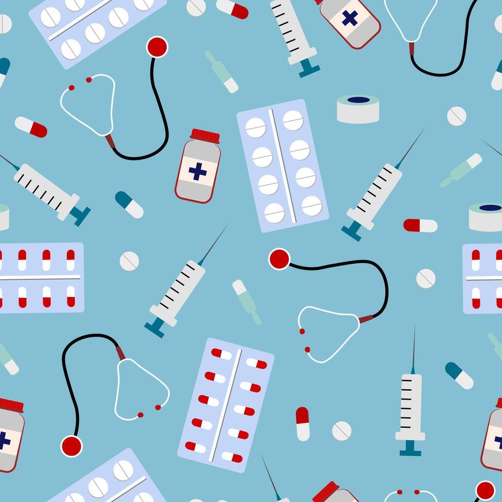 Seamless pattern. Medical topics. Stethoscope, tablets, medications, syringe vector