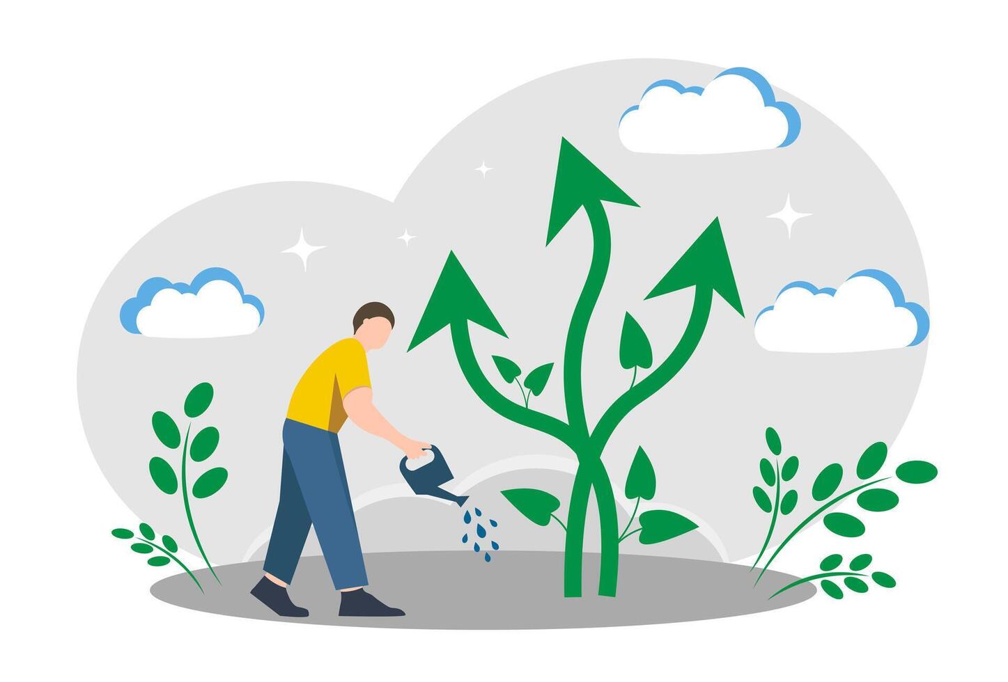 The concept of personal growth. Man watering plant with arrows vector
