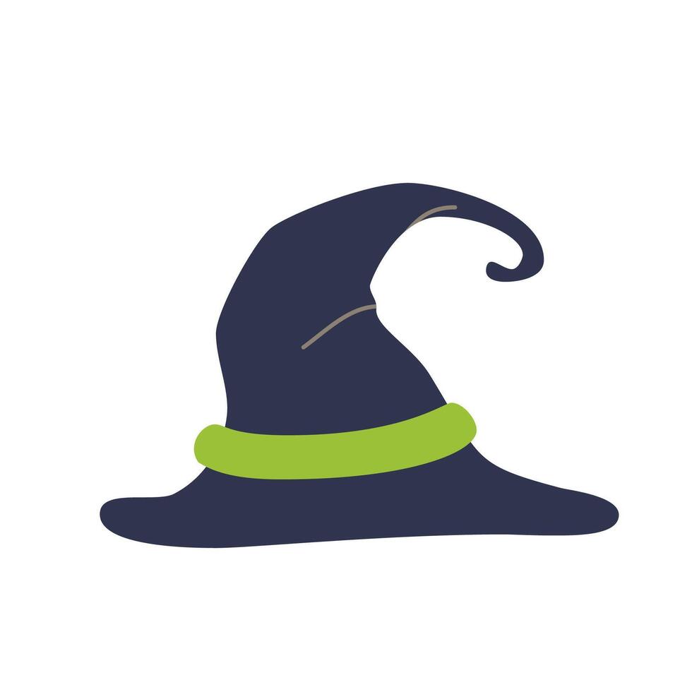 Flat illustration of a classic witch's hat, perfect for Halloween designs and magical themes. Ideal for party invites, decor, or any project that needs a touch of spooky charm and mystery vector