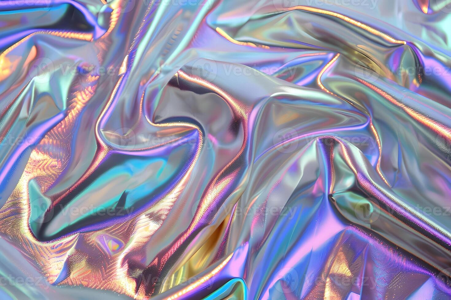 Holographic abstract pattern, wrinkled fabric background. Multi color gradient foil linen photo