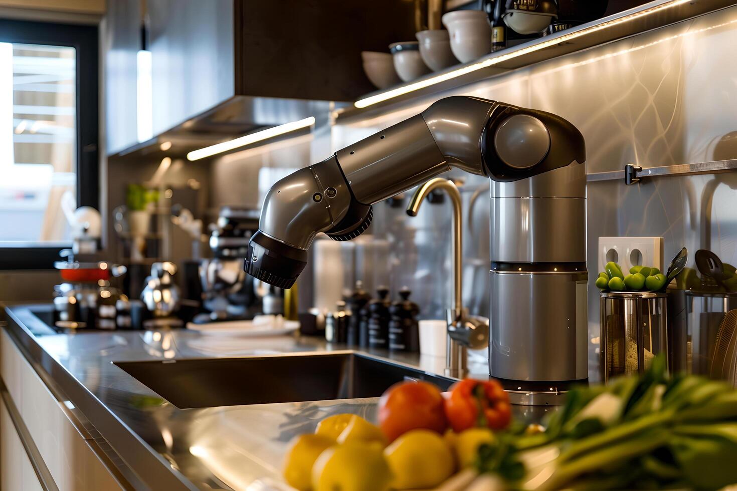Robot cooking food, helper equipment on kitchen future. Artificial intelligence technology robot cook with gloves, future lifestyle photo