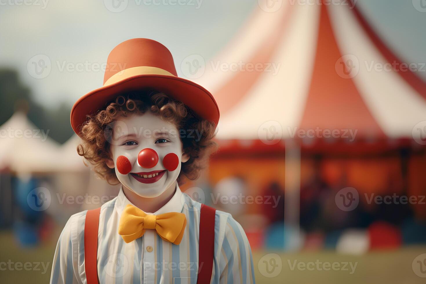 Happy child clown on background stripes tent of circus. Show and childish entertainment. Circus canopy performance. Girl character in clown makeup. Funny clown on holiday photo