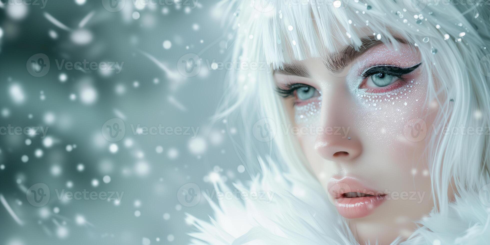 Portrait of beautiful young woman with shine white background. Close up face girl model. Photograph ai photo