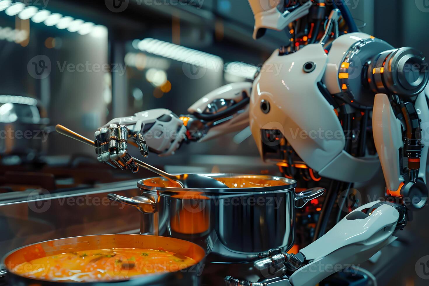 Robot cooking food at home, helper chef on kitchen future. Artificial intelligence technology robot cook, future lifestyle photo