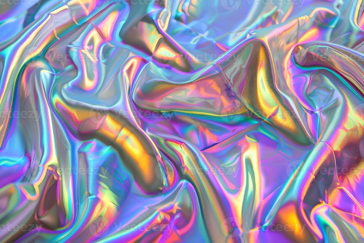 Holographic abstract pattern, wrinkled fabric background. Multicolor gradient foil linen photo