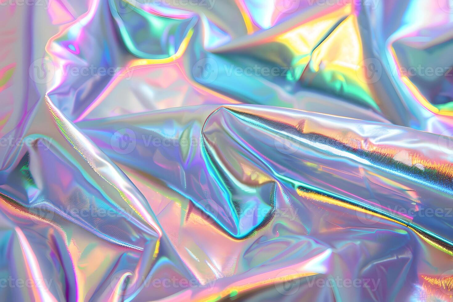 Holographic abstract pattern, wrinkled fabric background. Multicolor gradient foil linen photo