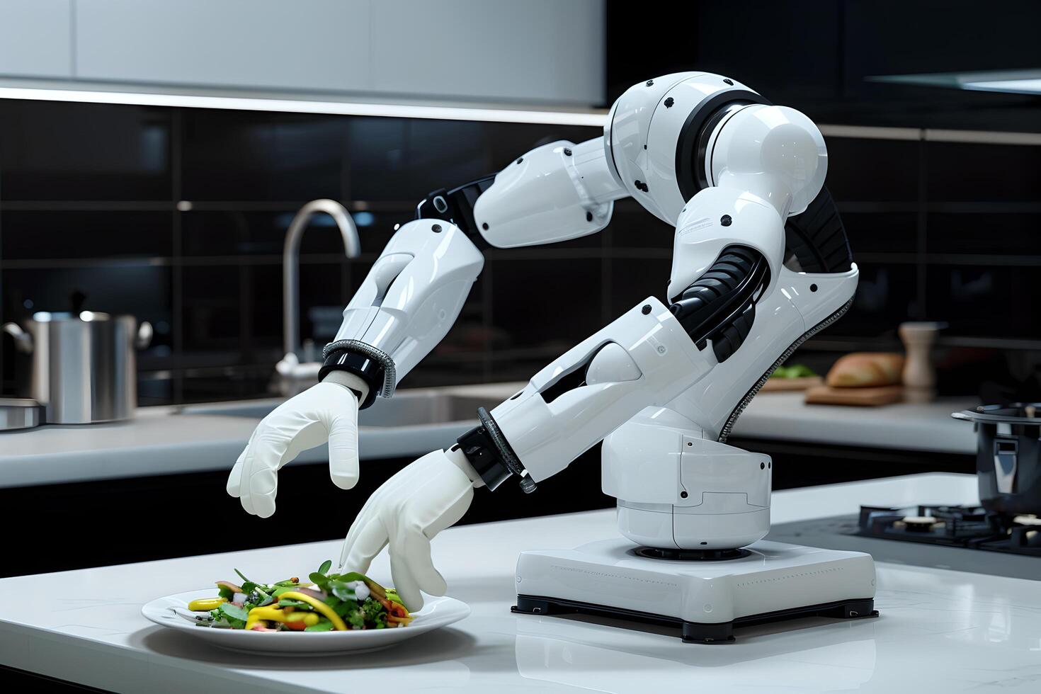 Robot cooking food, helper equipment on kitchen future. Artificial intelligence technology robot cook with gloves, future lifestyle photo
