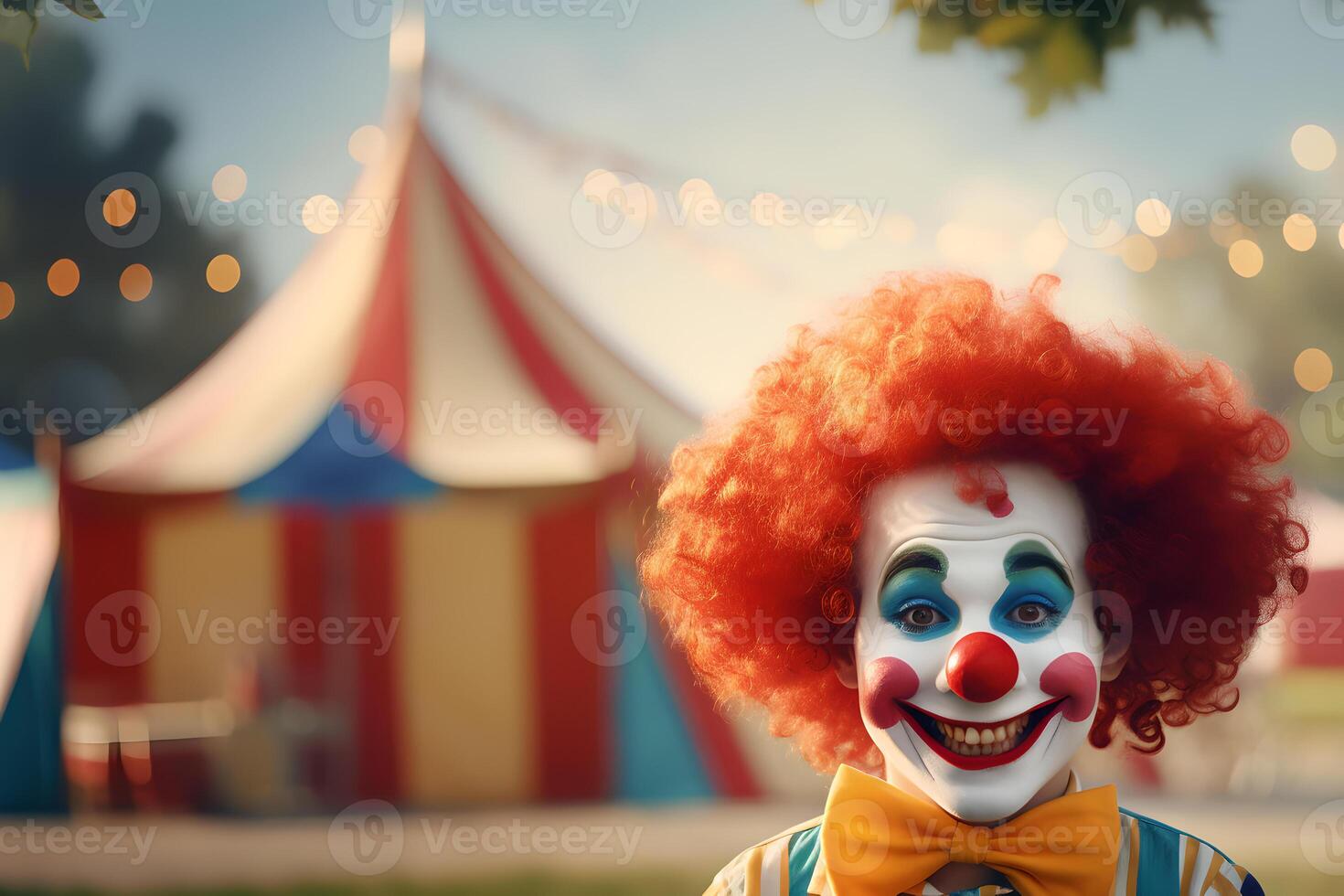 Happy adult clown on background stripes tent of circus. Show and childish entertainment. Circus canopy performance. Man character in clown makeup. Funny clown on holiday photo