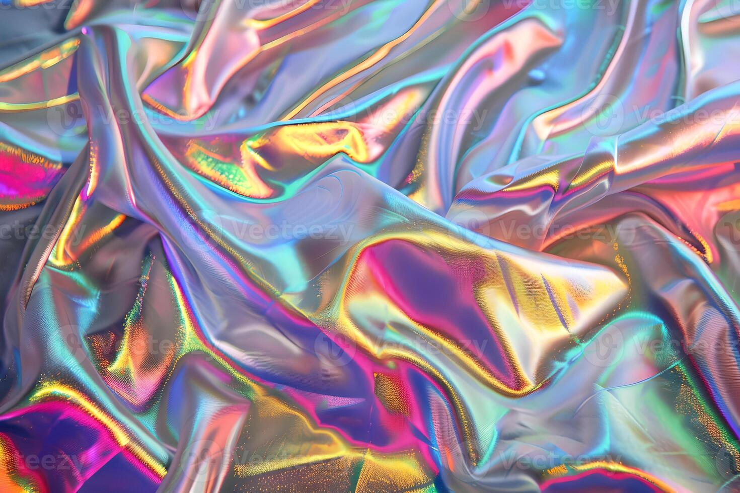 Holographic abstract pattern, wrinkled fabric background. Multicolor gradient foil linen photo