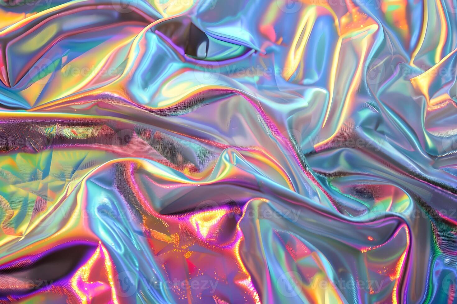 Holographic abstract pattern, wrinkled fabric background. Multicolor gradient foil linen photo