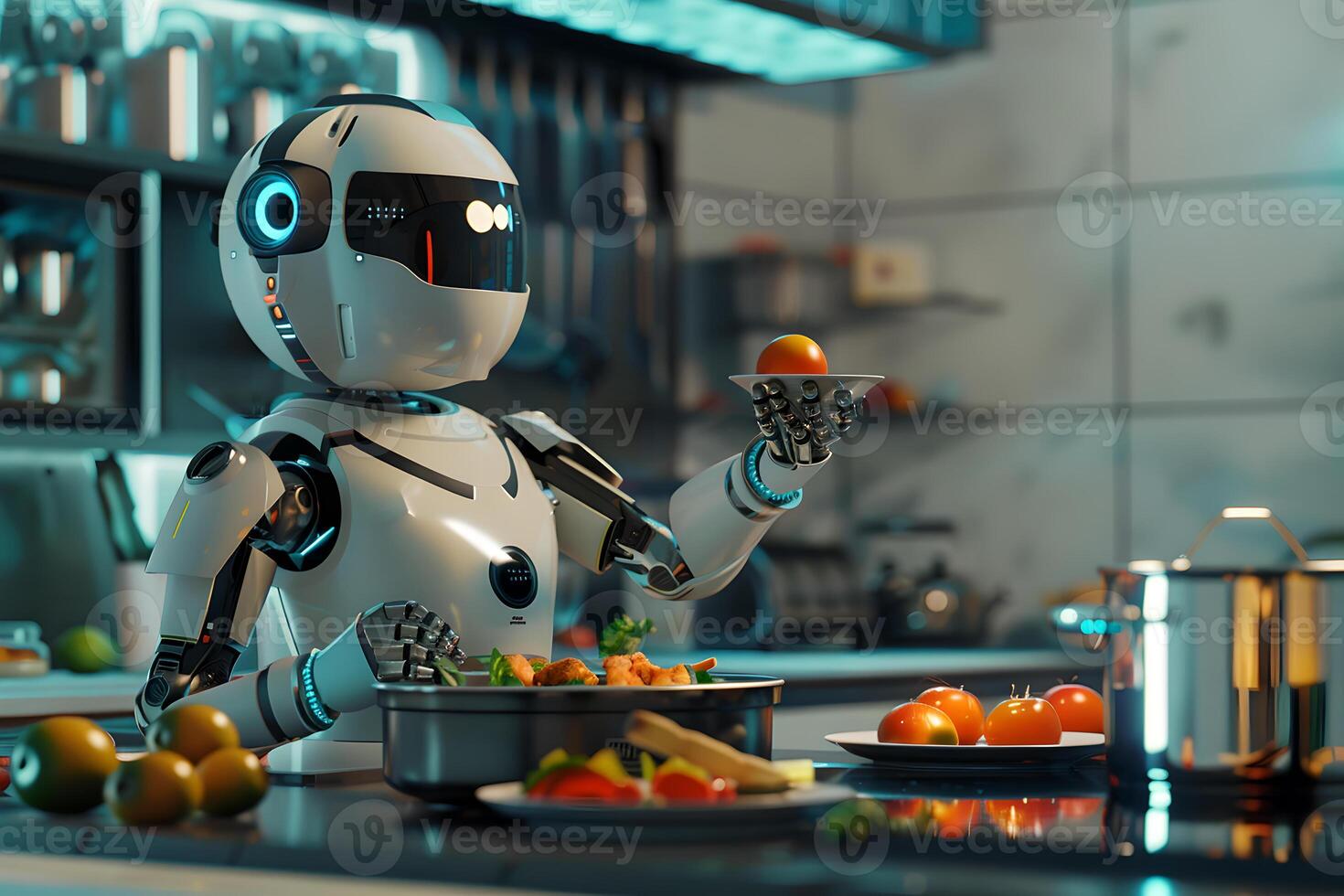 Robot cooking food at home, helper chef on kitchen future. Artificial intelligence technology robot cook, future lifestyle photo