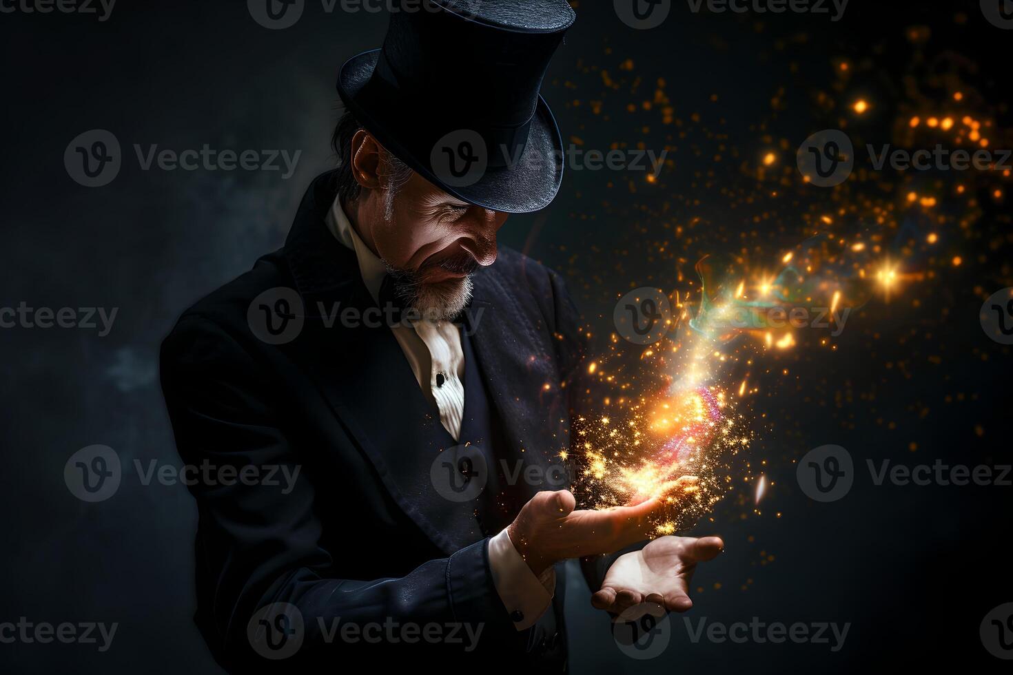 Mysterious magician in dark suit demonstrates magic performance in his hands. Bright flash in his hands, miracle. Magic in circus photo