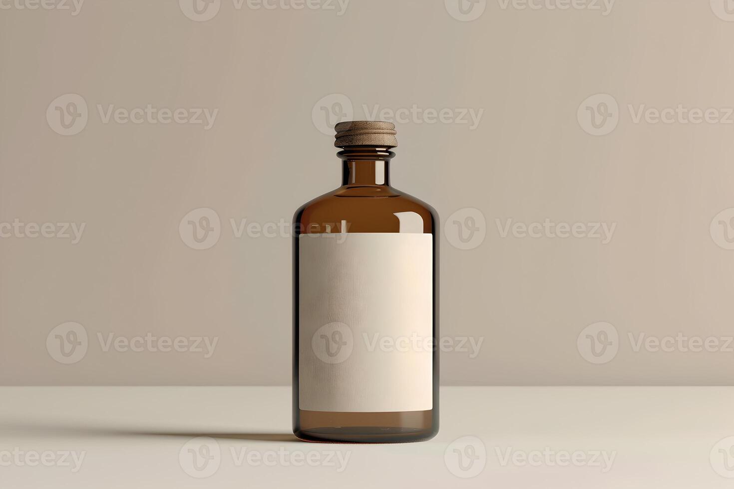 Glass bottle mock up for cosmetics, natural medicine, essential oils or other liquids. Brown closed cap packing with blank label, front view on white background photo