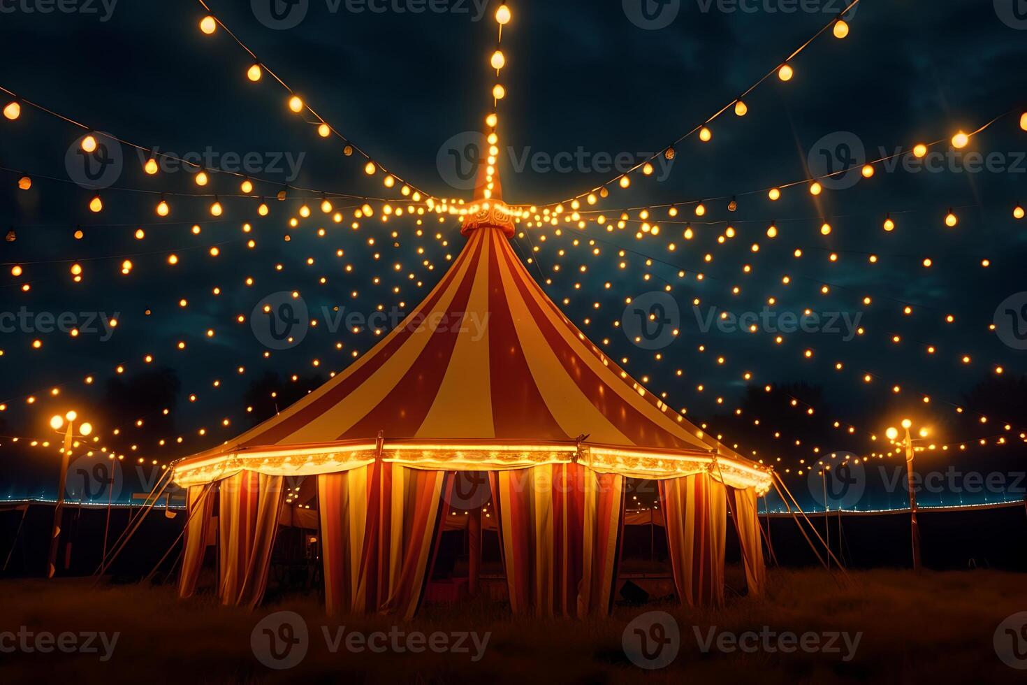 Stripes tent of circus evening with garland lights for show and childish entertainment. Circus canopy performance photo