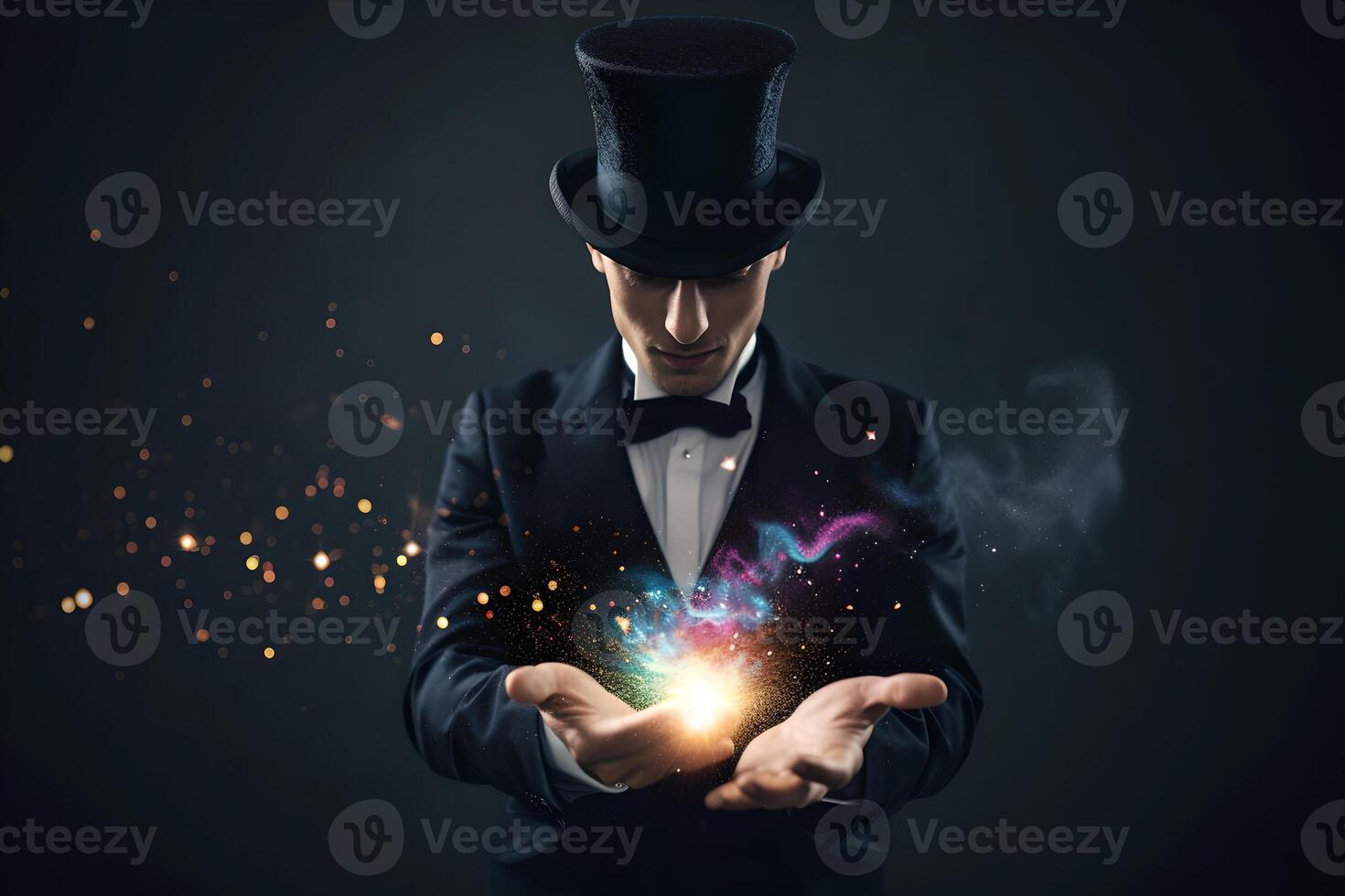 Mysterious magician in dark suit demonstrates magic performance in his hands. Bright flash in his hands, miracle. Magic in circus photo