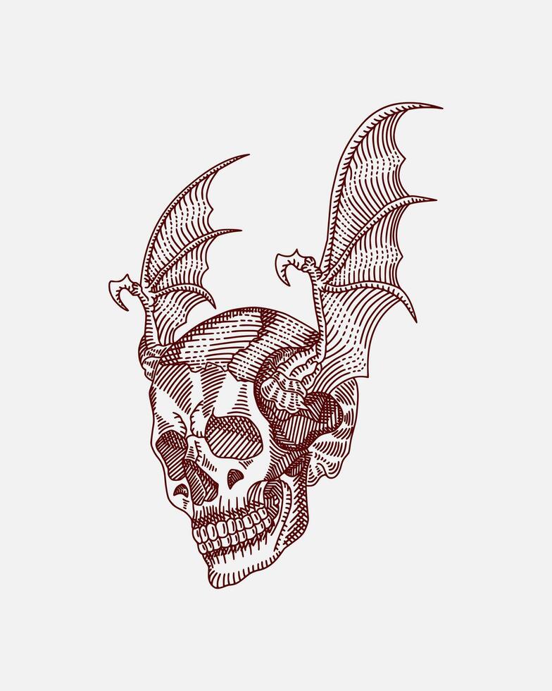 illustration of a fantastical skull, merging human and bat-like features. The skull is adorned with leathery bat wings sprouting from its temples, and a human femur rests beside it. vector