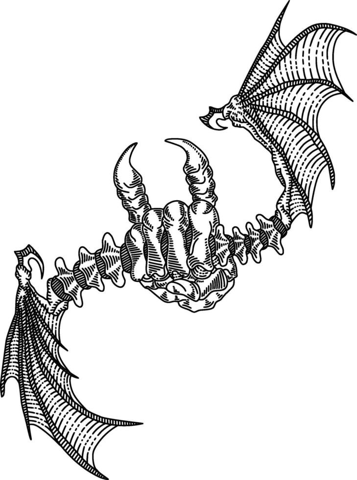 A gothic chimeric skeleton, its fist clenched, spine arched, and bat wings outstretched, casting a long shadow. vector